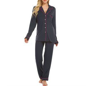 Women's Charcoal Pajama Set with Pink Piping